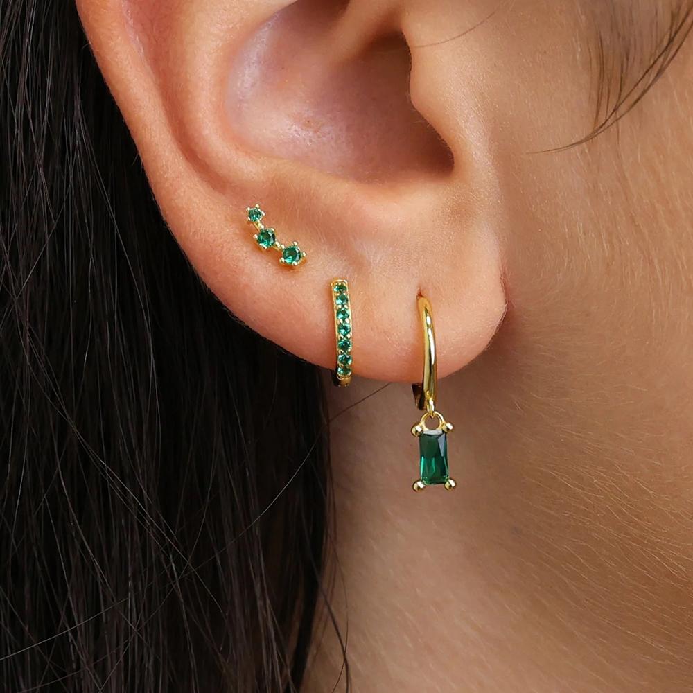 3 Pairs New Design Cubic Zirconia Square Hanging Earrings Set for Women Stainless Steel Huggies Dangle Earring Piercing Jewelry