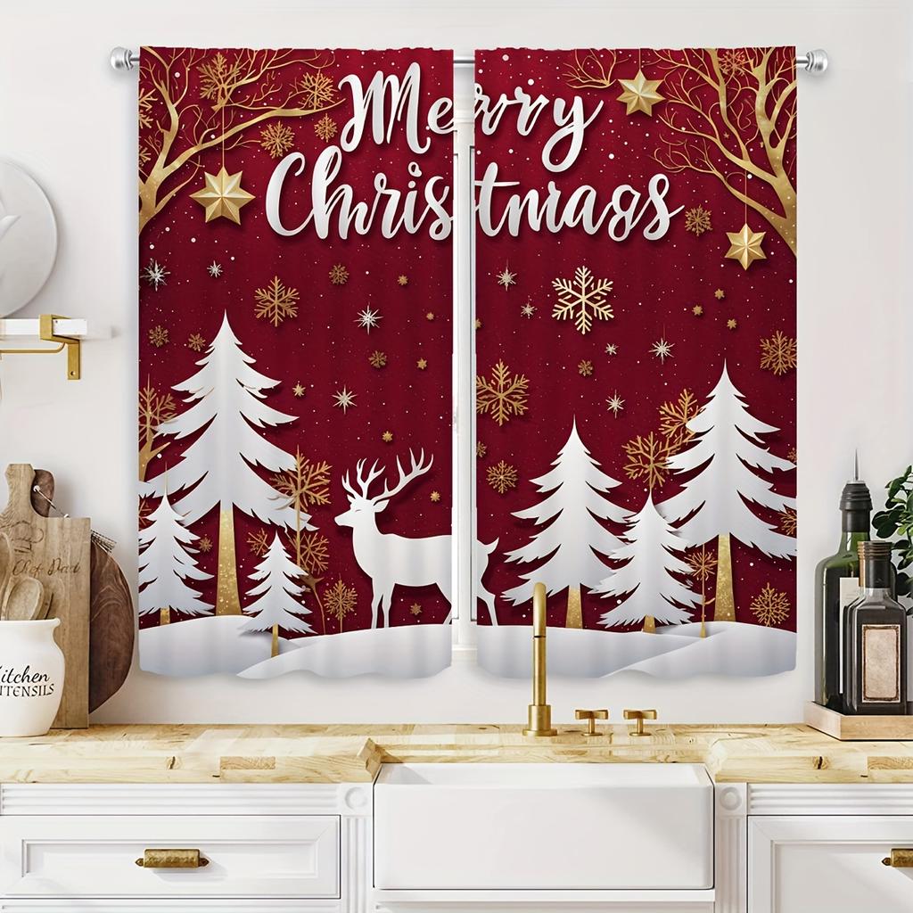 2pcs Red Christmas Ball Print Curtains Soft Microfiber Rod Pocket Design For Easy Hanging Perfect For Living Room Bedroom Study