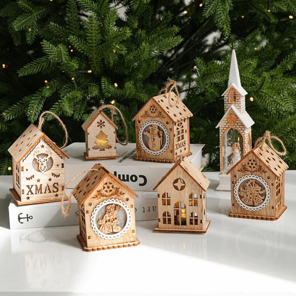 House Shape Light Decor Wood Material Hanging Charm Exquisite Christmas House Ornament Home Layout