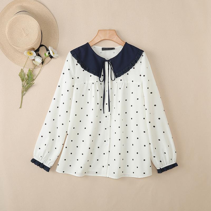 ZANZEA Women Splice Doll Collar Casual Long Sleeve Polka Dot Print Blouse