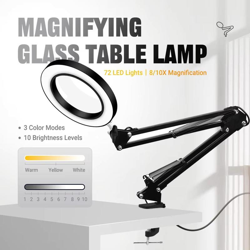 3-Color 72LED Magnifier Glass Lamp 8X/10X Magnification With USB-Powered For Electronics Repair Desk Lamp&Precision Beauty Care