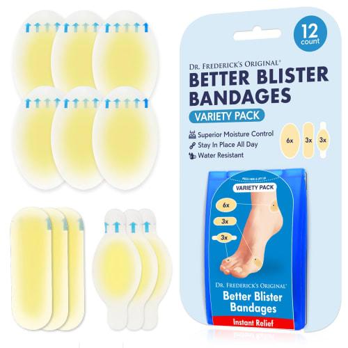 

Dr. Frederick s Original Better Blister Bandages - 12 ct Variety - Water Resistant Hydrocolloid Bandages for Foot, Toe, & Heel Blister Prevention & Re