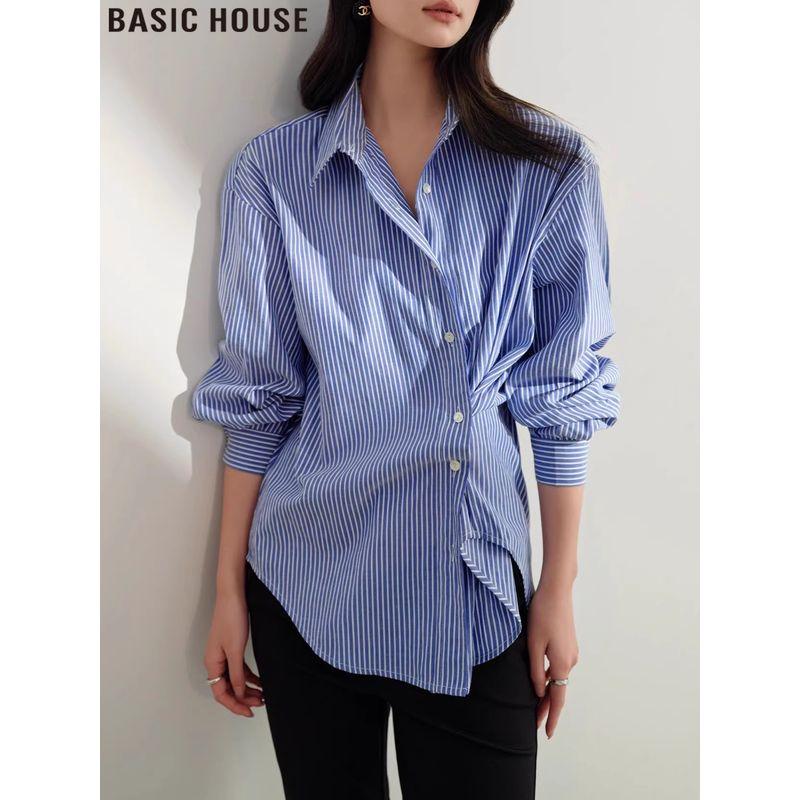 

Basic House French Style Blue Stripes Shirt Loose Slimming Commuting Shirt for Women 2025 Autumn Candy Stripes S