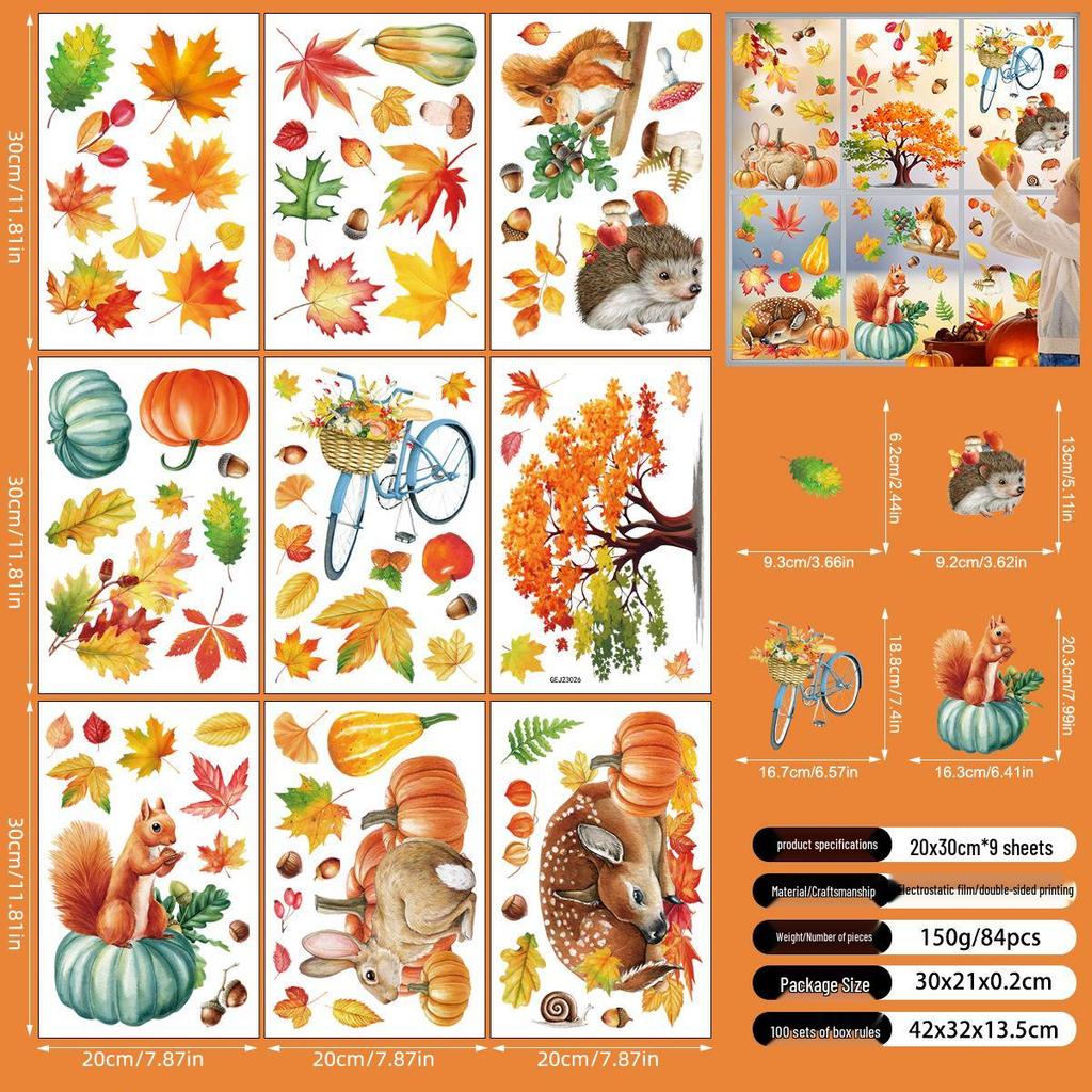 Thanksgiving Autumn Leaves & Pumpkins Window Clings - Cartoon Squirrel Decorations