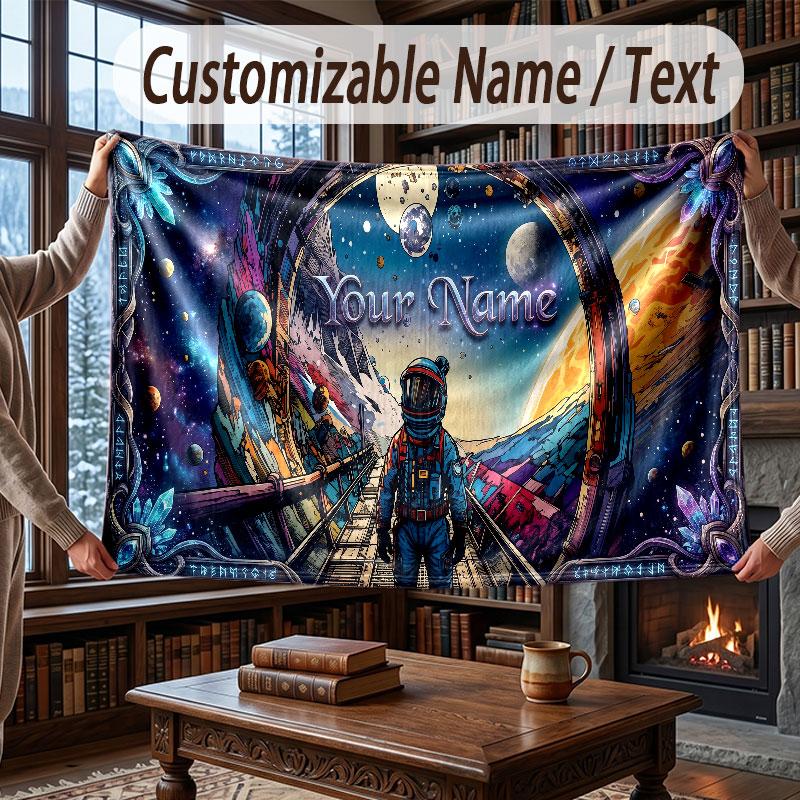 Space Cosmic Theme Throw Blanket Custom Name Text Personalized Blanket Soft Cozy Blanket for Home Sofa Bed