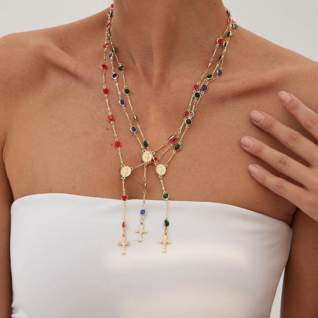 Hip-Hop Colored Crystal Stacked With Y-Shaped Necklace, Cold Wind Metal Cross Chain Necklace.