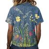 Damen Mode Polo Kragen Knopf Vintage Blumendruck Lockerer Schnitt Kurzarm T-Shirt Leinenmischung Lässiges Oberteil