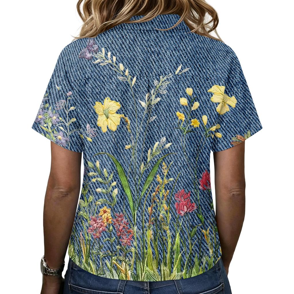 Damen Mode Polo Kragen Knopf Vintage Blumendruck Lockerer Schnitt Kurzarm T-Shirt Leinenmischung Lässiges Oberteil