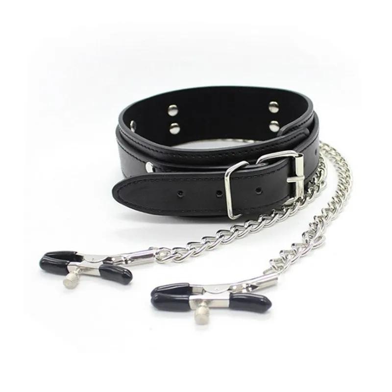 Sexy Leather Choker Collar With Nipple Clamp Breast Clip Chain SM Bondage Couple SM Sex Toys For Woman Erotic Tools Adult Games