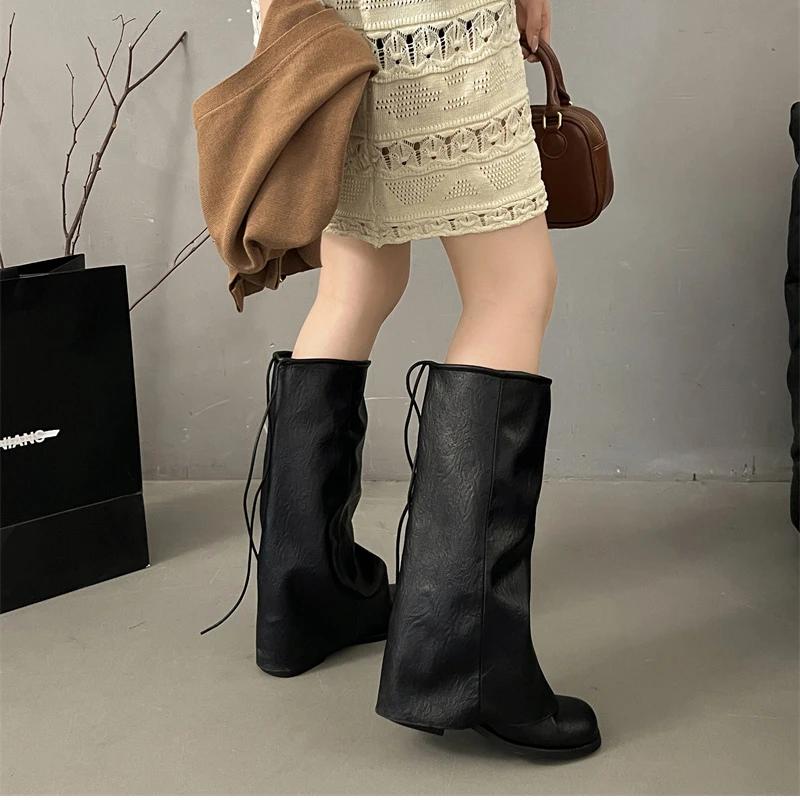 Vintage Thick Heel Women Trouser Legs Boots Fashion Ladies Round Toe Knight Long Booties Botas De Inverno Feminina