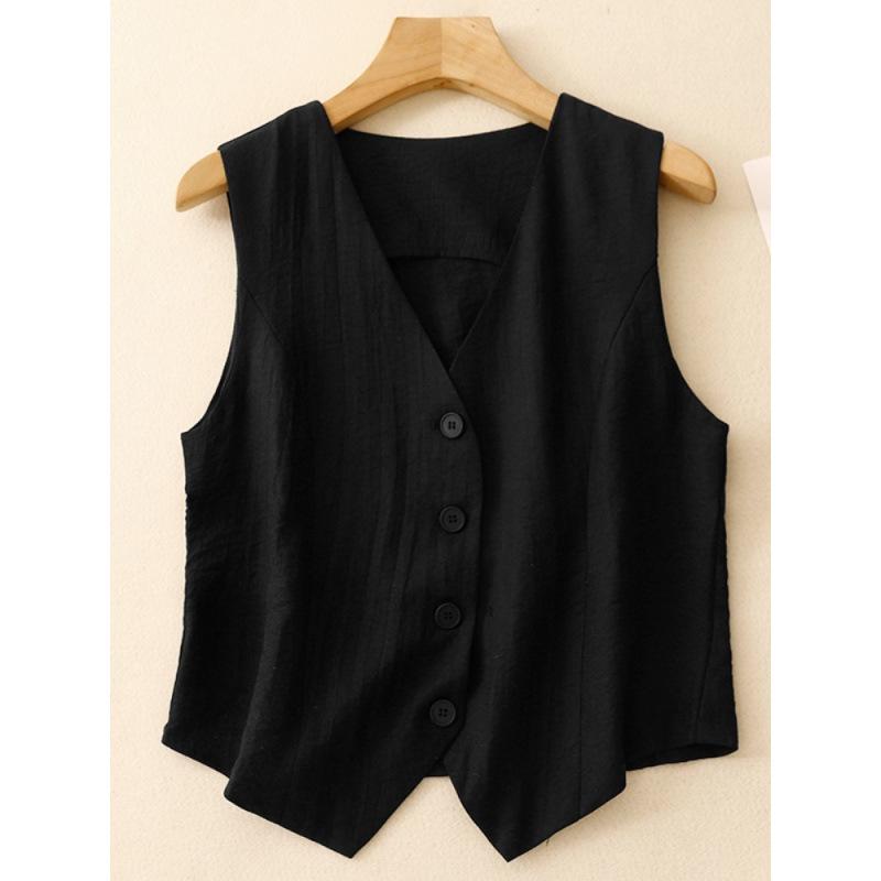 Women's Summer V-Neck Linen Vest - Solid Color, Sleeveless, Slim Fit Tank Top