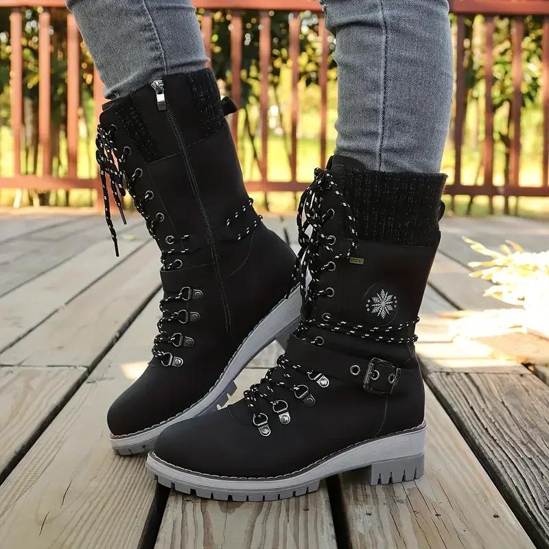 Women Mid-calf Boots Winter Plush Warm Snow Boot Outdoor Non-slip Platform Boots Fashion Women High Top Cotton Shoes Botas Mujer