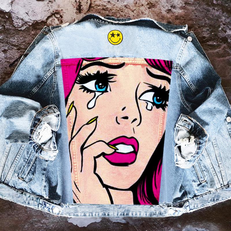 Портрет европейский и американский повседневный свободный джинсовая куртка с принтом мотоцикла пальто женская трансграничный amazon 2564 3XL светло-синий