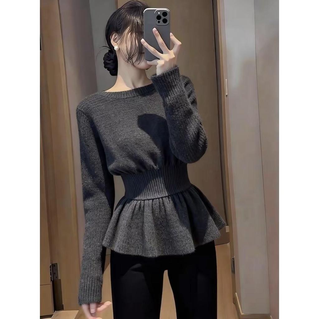 French Waist Primer Sweater Women's Autumn and Winter Large Size Fat Mm Thin and Meat-covering Design Ruffle Edge Knitted Sweater Top