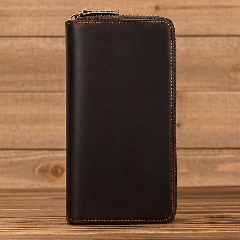Brand Designer Retro Real Leather Wallet Male Business Casual With Double Zipper Cow Skin Crazy Horse Wallet With Wristlet