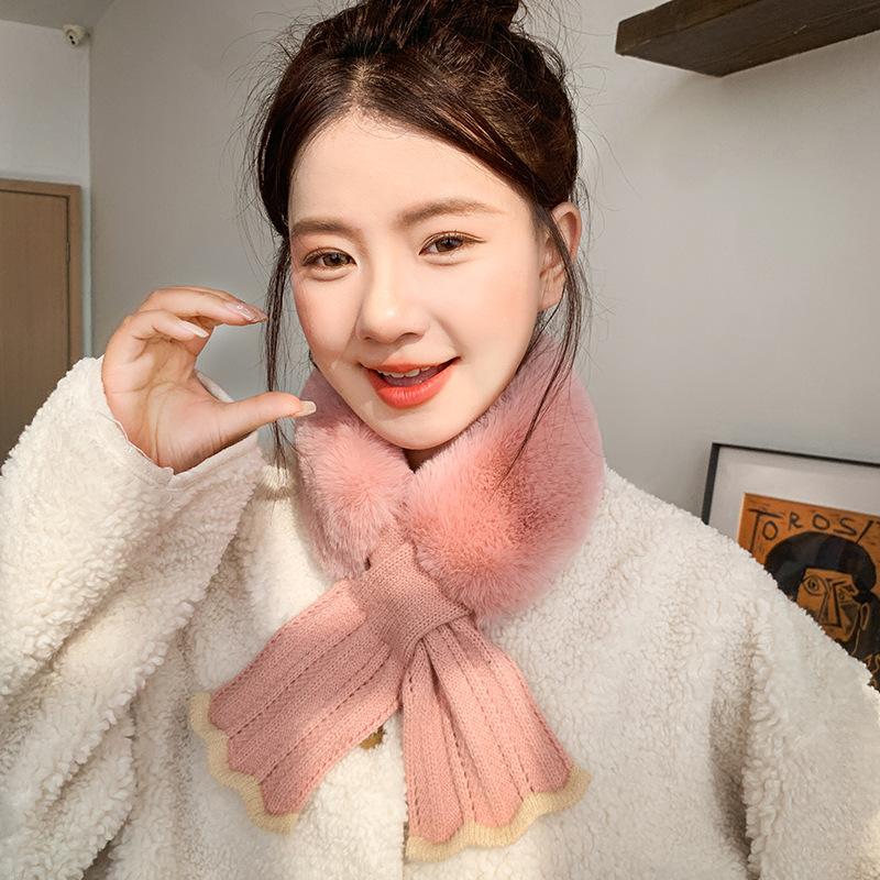 Women Winter Warm Thicken Cross Collar Neck Warmer Solid Color Faux Rabbit Fur Plush Elegant Knitted Shawl Scarfs