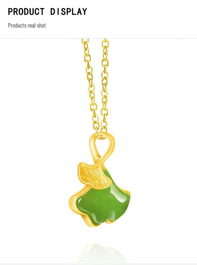 Spinach Green Hetian Jade Ginkgo Leaf Pendant Necklace in S925 Silver for Women