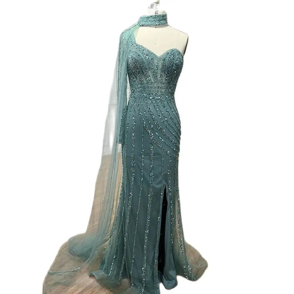 High-end one-shoulder long-sleeved fish-tail split-ended long dress light luxury temperament celebrity banquet hosting dress LA11918