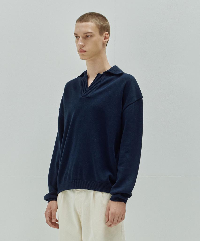 KNITTED Open Collar Ribbed Collar Knit Navy