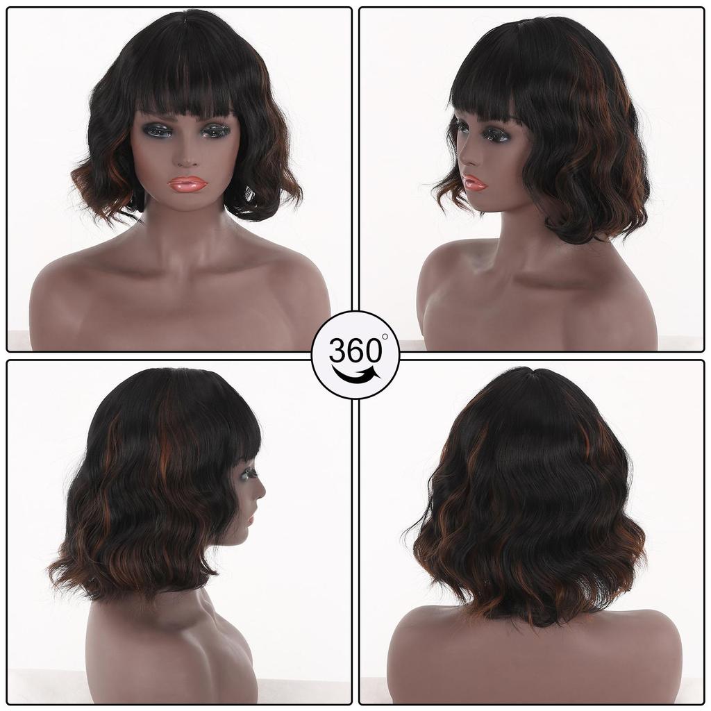 Short Wave Bob Wigs  for Women Natural Bangs Heat Resistant Wavy Synthetic Wig Daily Wear Cosplay Curly Hair