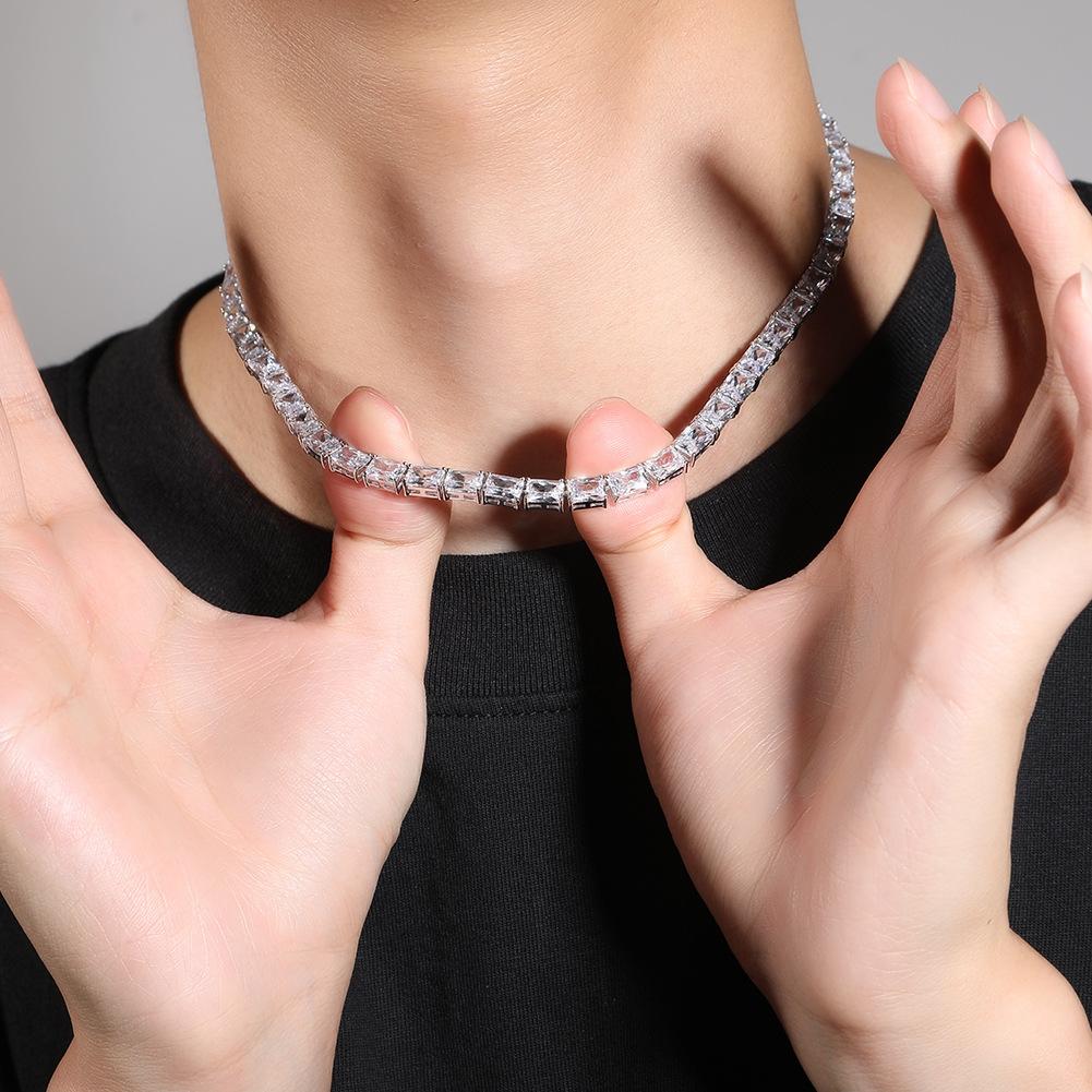 European Hip Hop Rectangular Zircon Necklace Ins Personality Simple Tennis Chain Street Niche Copper Clavicle Chain