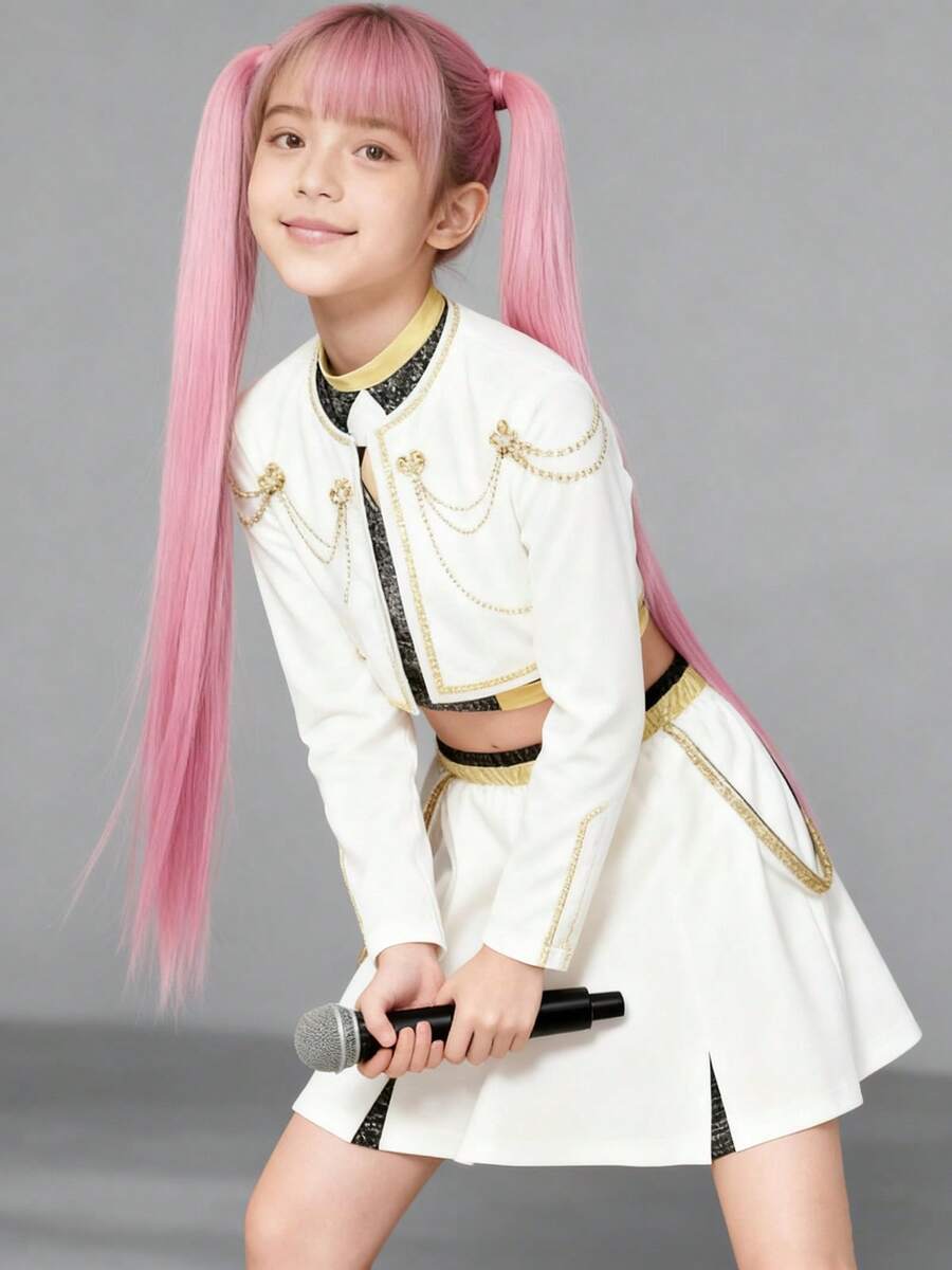 Kostuum voor Meisjes Kinderen Sterren Vocal Rumi Cosplay Podiumkleding Idol Zangers Drie Delig Set Trend Stijl Halloweenfeest 130 white