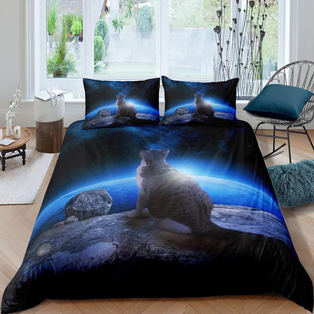 Galaxy Cat Duvet Cover Set Microfiber Universe Galaxy Bedding Set Cute Kitten Comforter Cover Outer Space Planets Quilt Cover