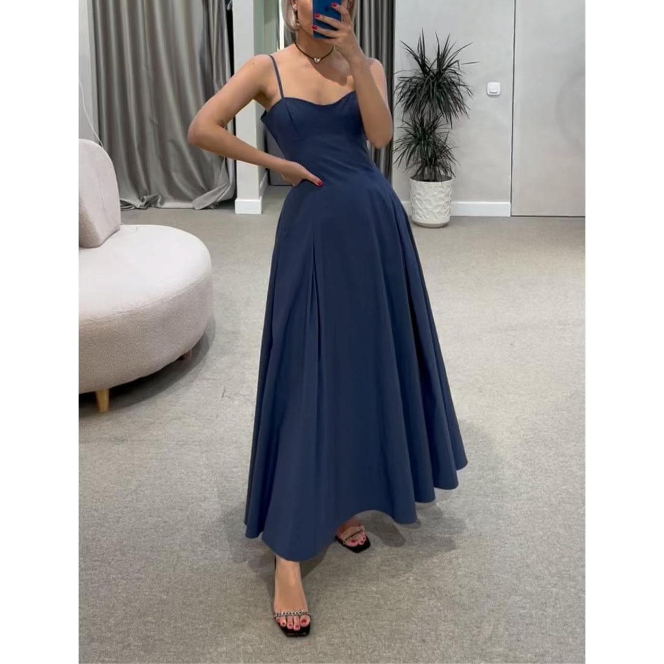 

European & American Women s Sexy Solid Color Sling Dress M синій