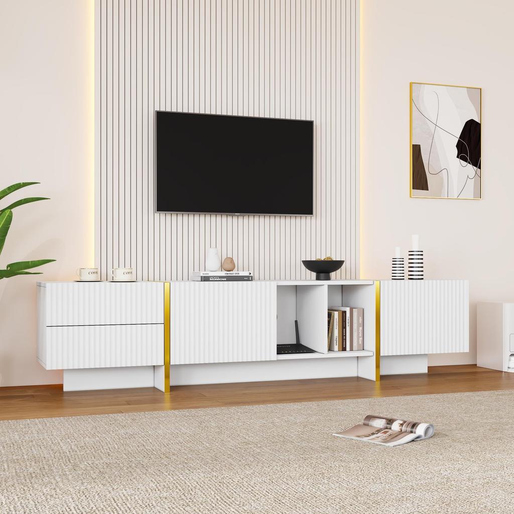 2 Türen, 2 Schubladen, 2 offene Fächer, TV-Regal Fernseher bis zu 80 Zoll, Moderner TV Board Lowboard Wohnzimmer, Esszimmer, Weiß, 190cm
