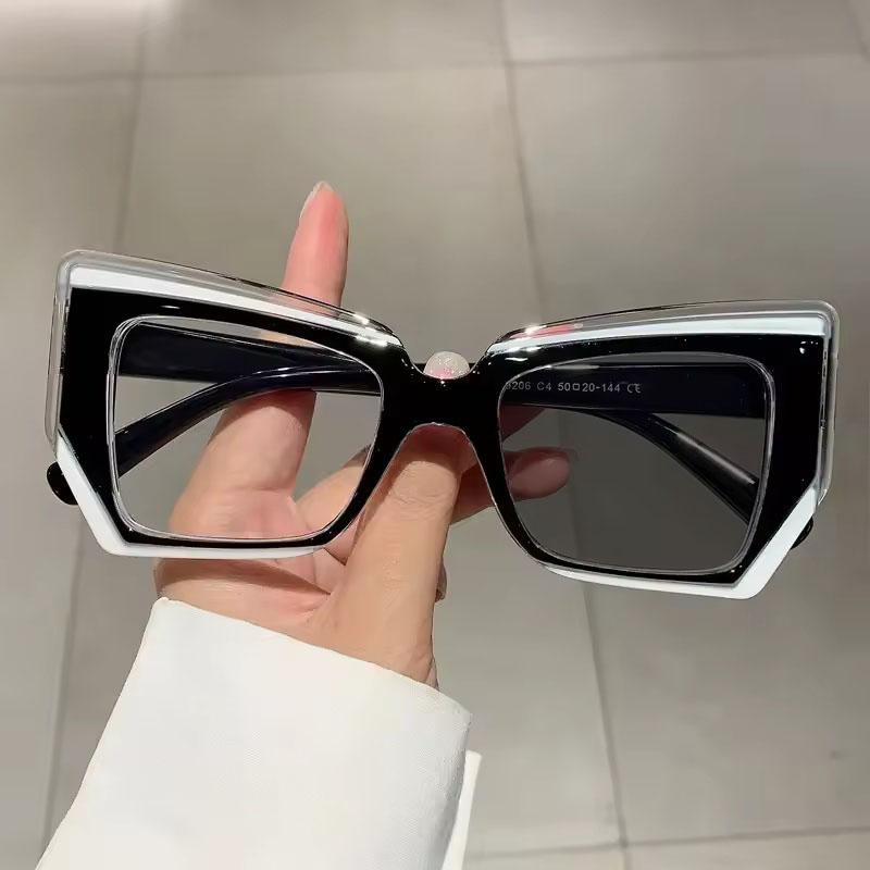 Women's Large Frame Pochromic Reading Glasses Retro Anti-blue Light Eyewear Polygon Color Blocked Presbyopia Eyeglasses+2.0