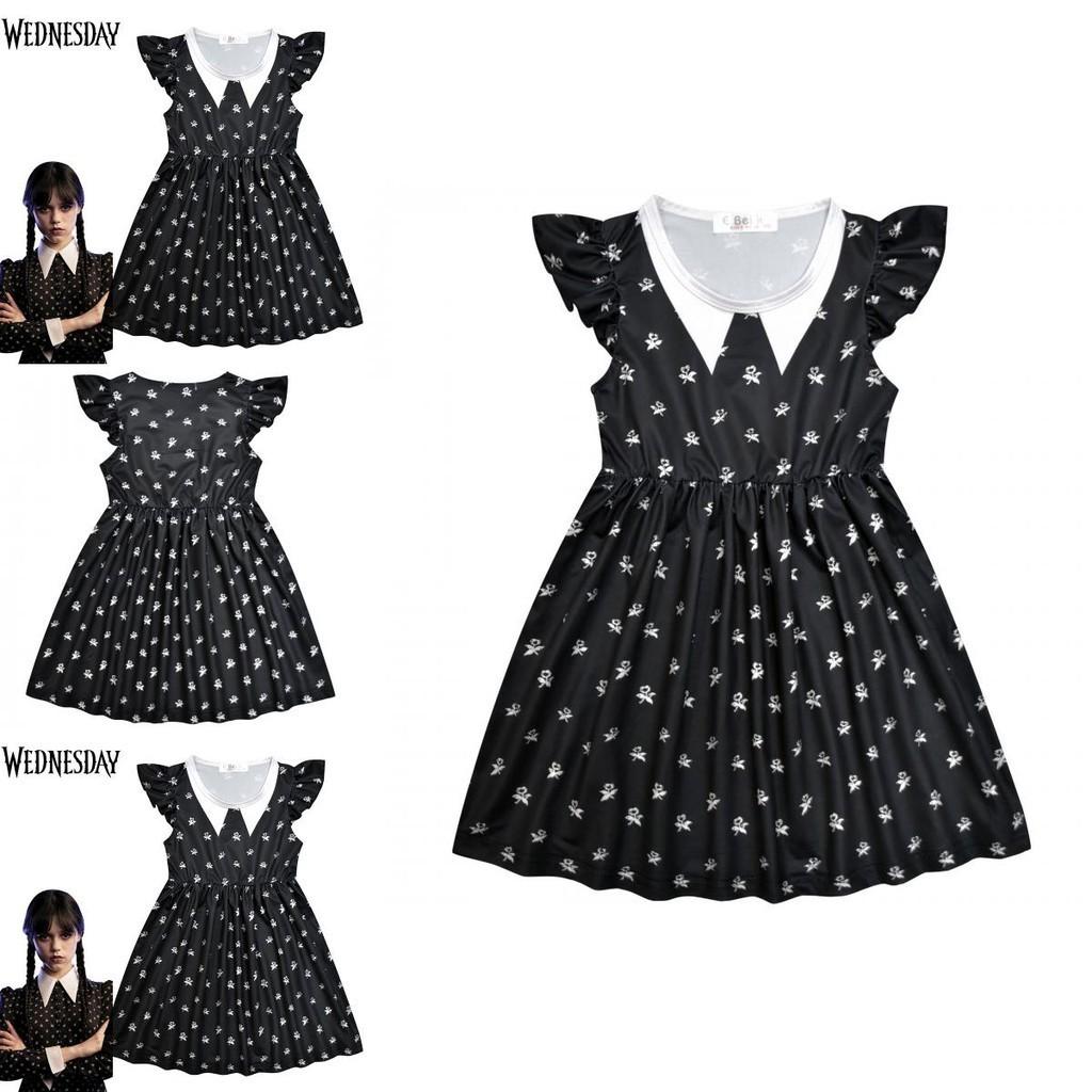 Kids The Addams Family Wednesday Cosplay Costume Soft Black Milk Silk Dress