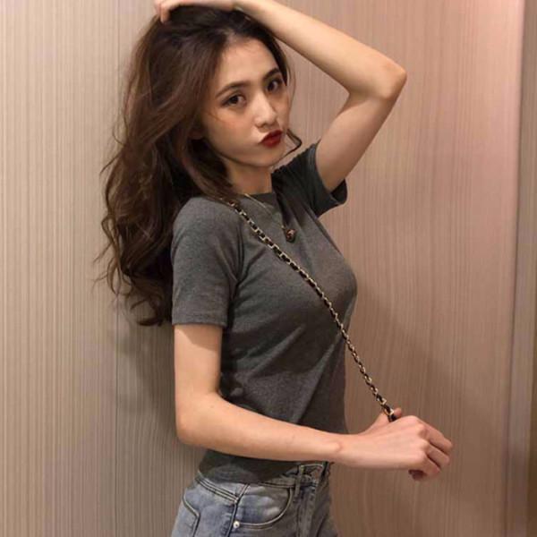 Women's Slim Fit Solid Color Short-Sleeve Round Neck T-Shirt - Korean Summer Style