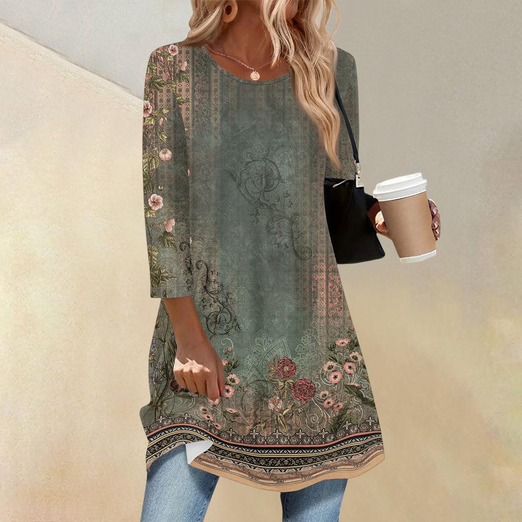 Women's Fashion Casual Three-quarter Sleeve Long Floral Print Round Neck Top