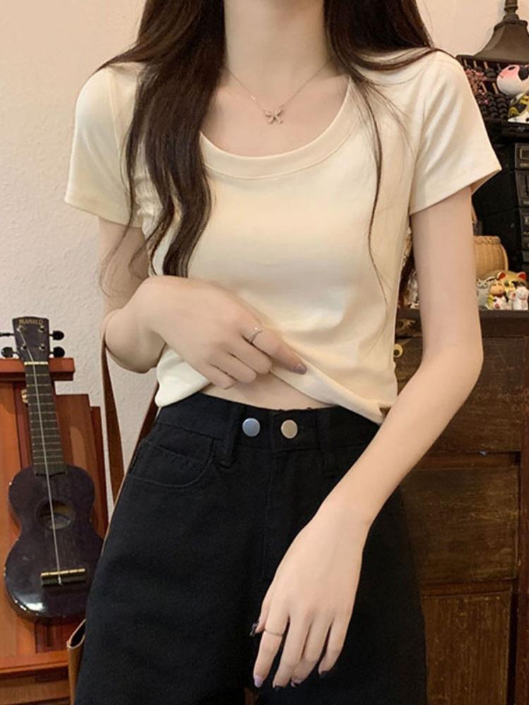 U-neck live broadcast quality summer burgundy slim and thin front shoulder short-sleeved T-shirt women