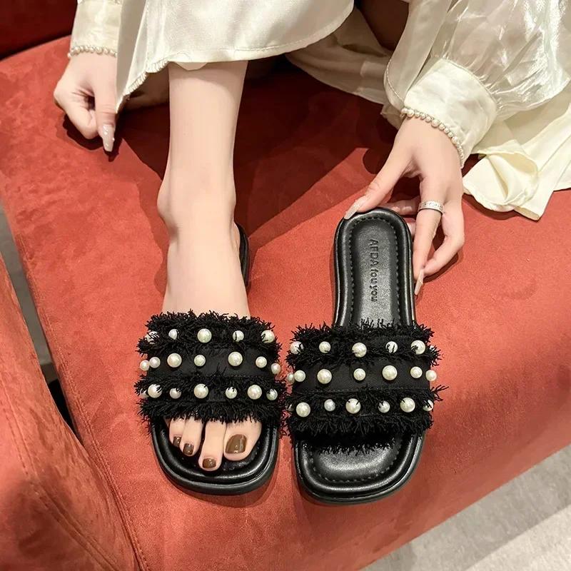 Fashion Summer 2024 Women Flat Pearl Sandals Fashion Open Toe Slides Dressy Casual Flip Flops Comfy Slip on Slippers Shoes for Women