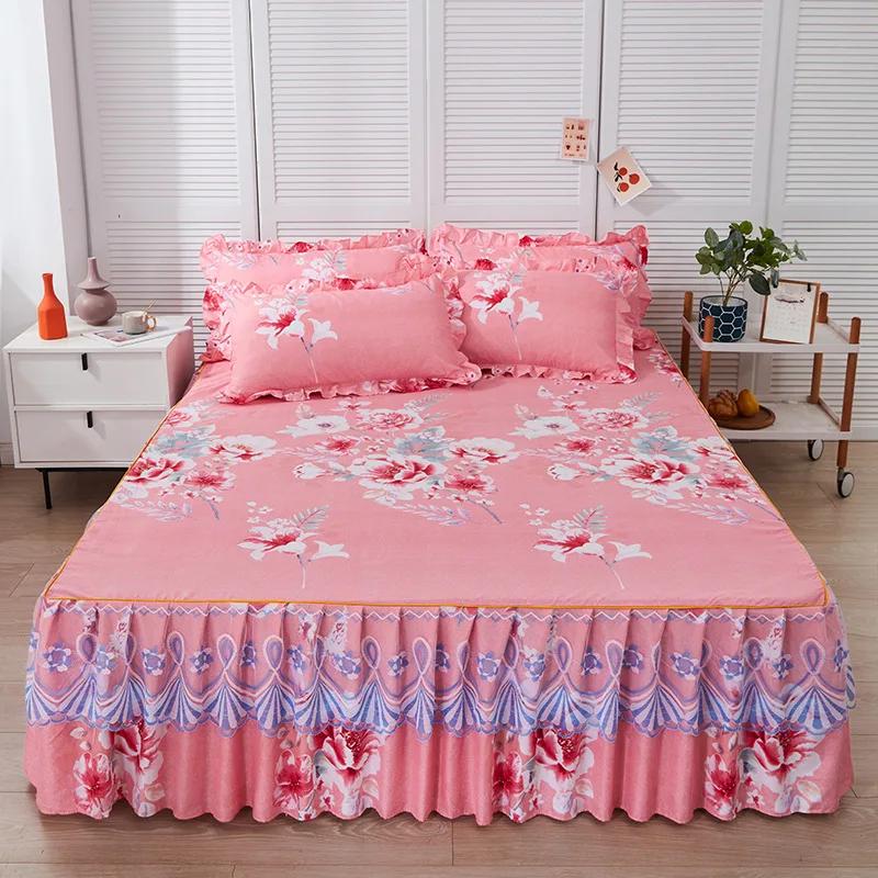 1PC Printed Bedding Set Lace Trim  Heightening Bed Skirt Pillowcase Set Anti-slip Mattress Cover Soft Comfortable Cotton Double