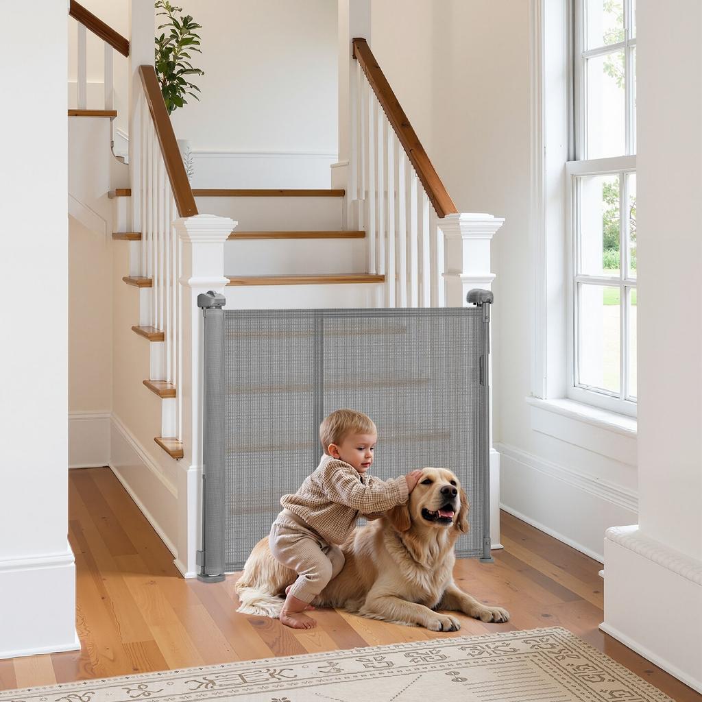 Retractable Baby Gate, 870 Mm Tall, Extends Up To 2800 Mm Wide, Retractable Gate for Kids or Pets, Mesh Material, Easy To Install for Indoor Stairs,