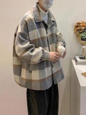 Men's Mid-Length Winter Plaid Wool Coat - Trendy Loose-Fit Windbreaker Jacket