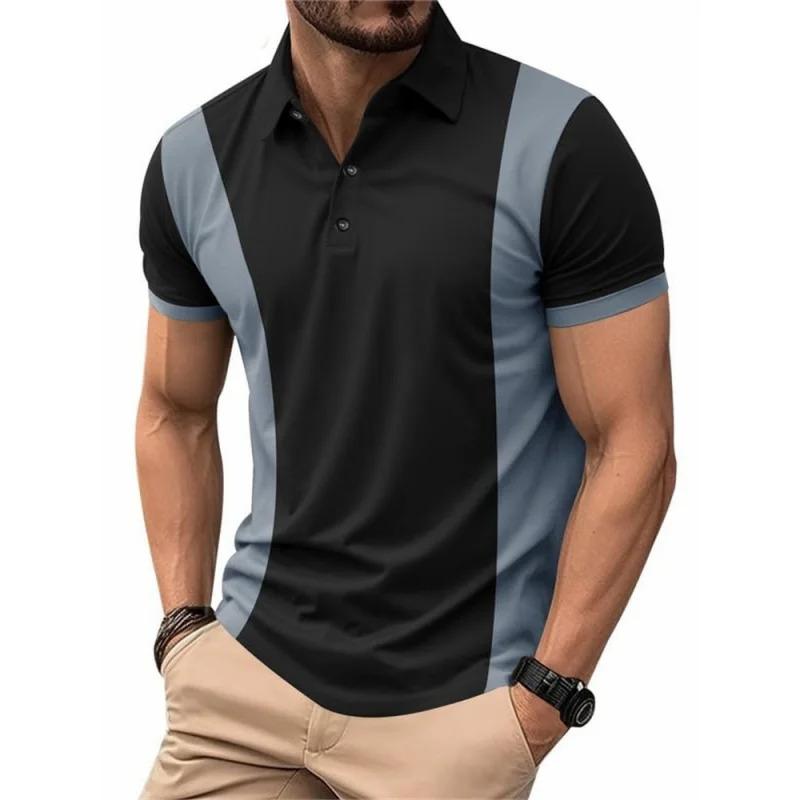 3d Printed Color Striped Polo Shirt, Men's Color Block Pattern Short-sleeved T-shirt, Summer Casual Lapel Top, Large T-shirt