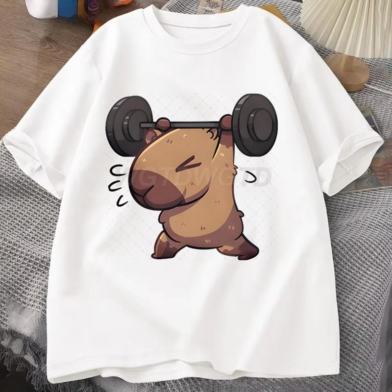 Capybara Print Unisexs Tshirt Round Neck Short Sleeves Hiphop Top Funny Capybara Lifting Print Tshirts Gym Lover Streetwear Tops