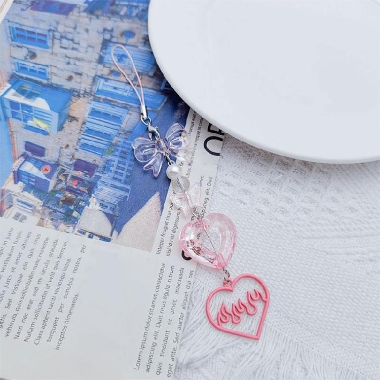 DIY Crystal Heart Phone Strap with Cute Bowknot Wing Heart Phone Strap Keychain