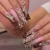 Leopard Print Gold Rhinestone Bow Acrylic Press-On Nails Women Long Style Glue Or Gel Adhesive