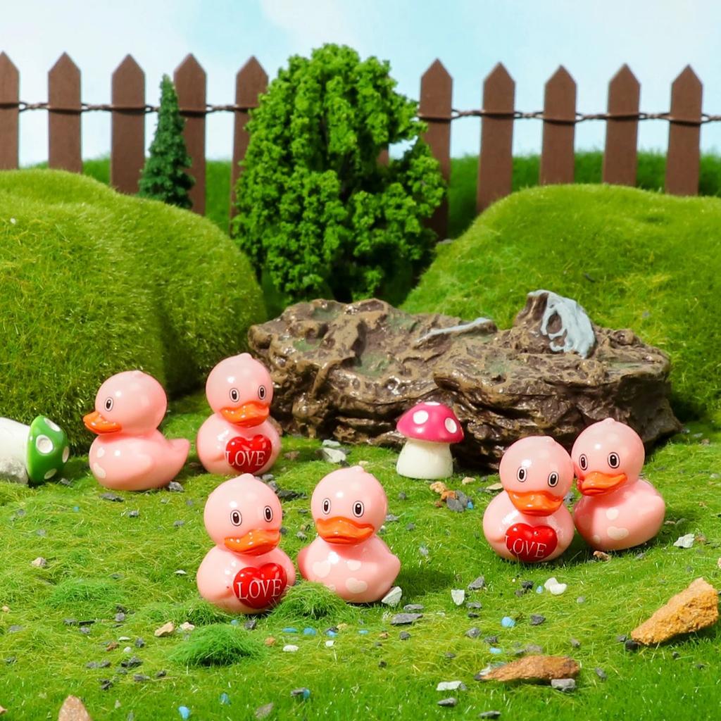 10Pcs Heart Pink Duck Figurines Mini Resin Valentine Gift For Wedding Fairy Garden Decor