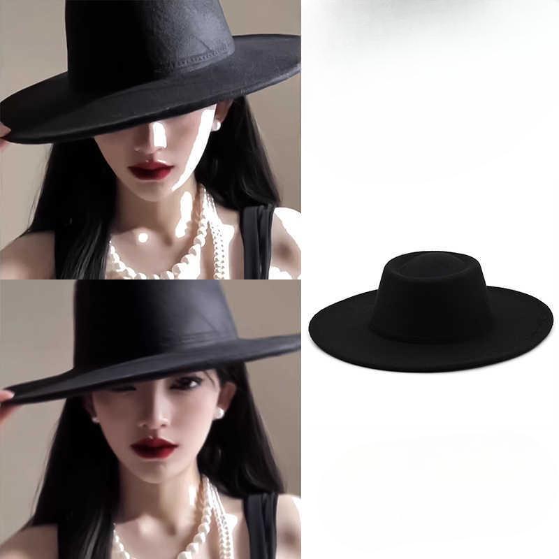 New Retro Imitation Wool Hat for Women Solid Color Versatile French Top Hat British Large Brim Dome Concave Felt Hat