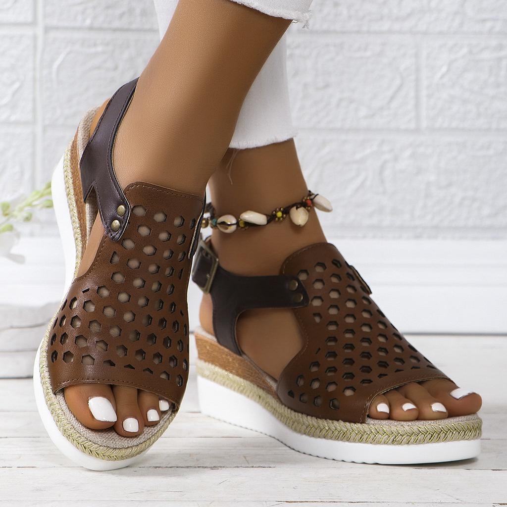 Large Size Spring and Summer New Hemp Rope Wedge Heel Women's Sandals Casual Hollow Fish Mouth Flat Bottom Buckle Beach Sandals