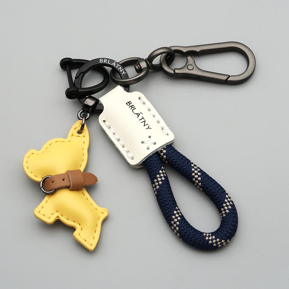 Handmade French Bulldog Genuine Leather Keychain with Anti-Lost Woven Rope Lanyard.
