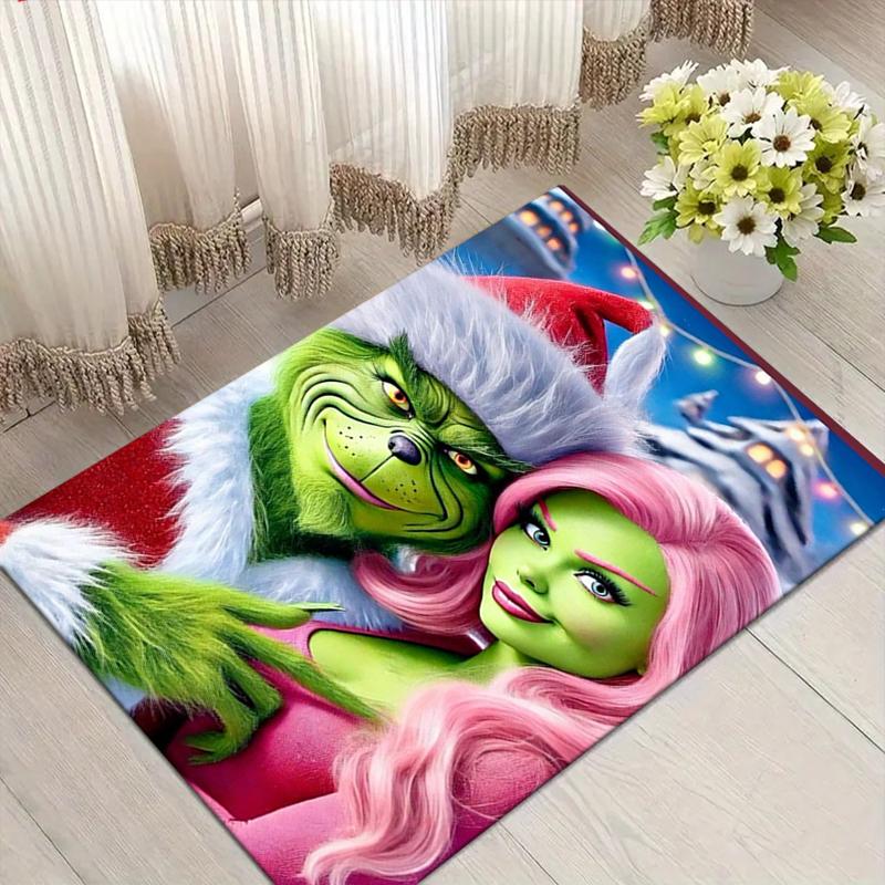 Grinch Christmas Style Crystal Velvet Rug, Soft Anti‑Slip Crystal Velvet Carpet for Living Room Bedroom Home Decor