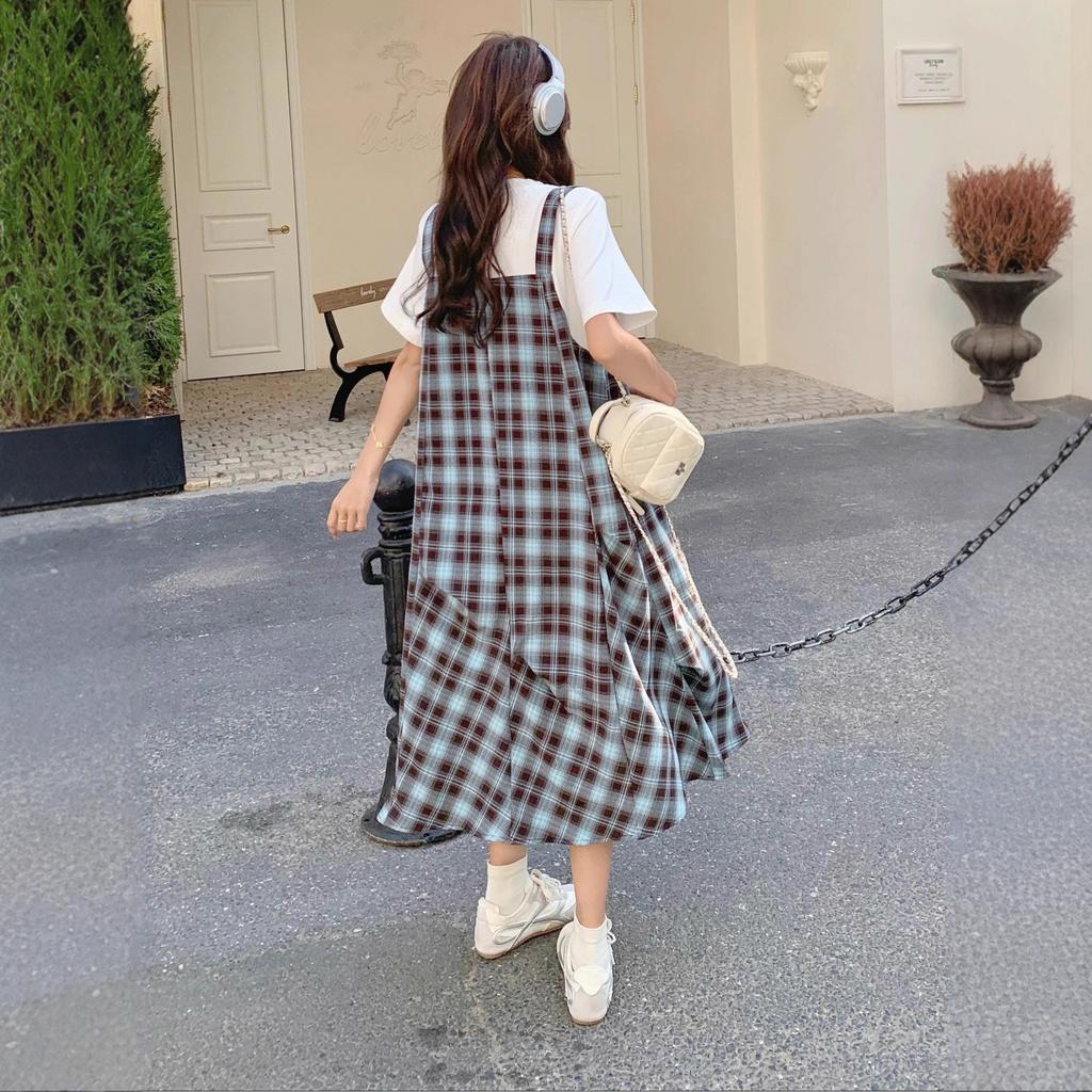 Plaid dress for women, new summer Korean style casual temperament, relaxed feel, fake two-piece patchwork slip dress