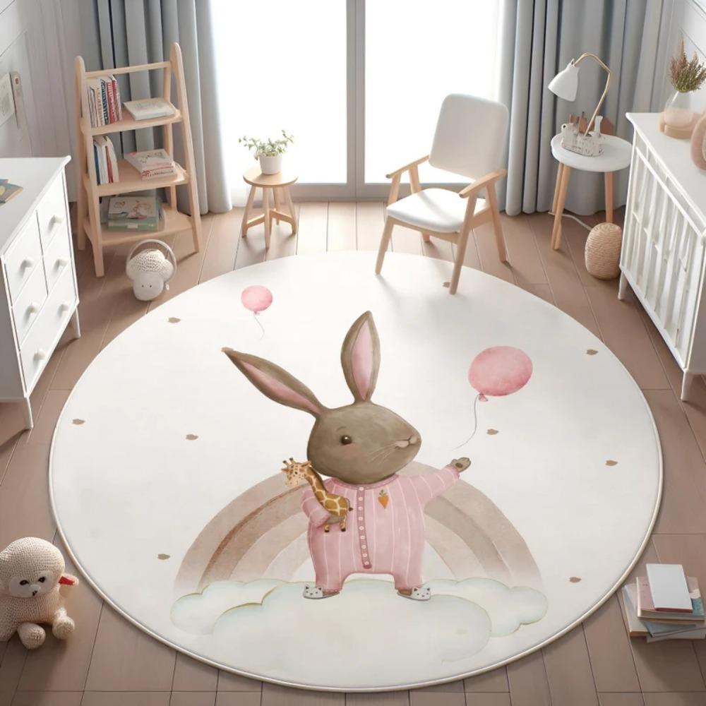 Cute Rabbit Balloon Pink Kids Rug Round Nursery Floor Mat Bedroom Playroom Living Room Decor Gift Kid's Play and Reading Rug