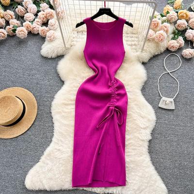 Fashion Summer Bodycon Knitted Dress Sexy Package Hips Drawstring Split Black Women Dress Basic Lady Party Vestidos